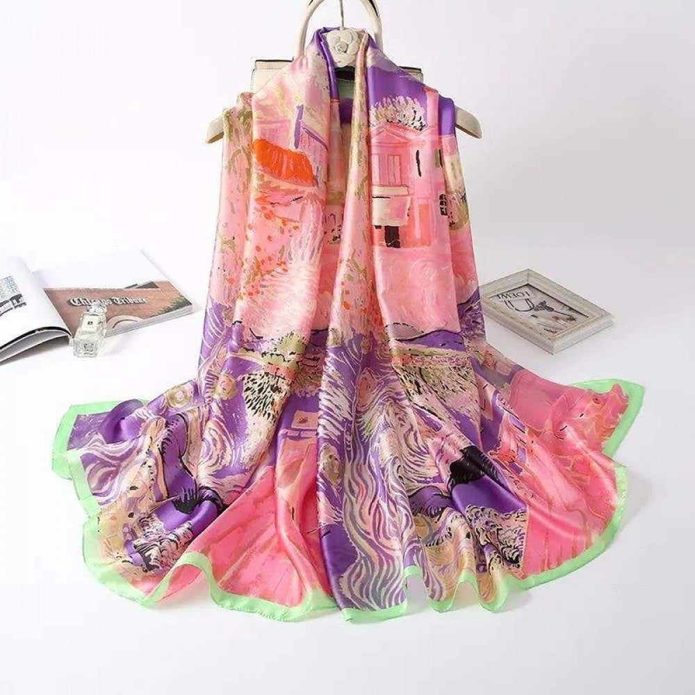 Lenço de Seda, 90 cm x 180 cm, Casa de Campo Sonhadora, Rosa, 100% Seda