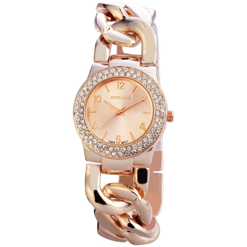 Relógio de pulso feminino Excellanc com pulseira de metal, cor de ouro rosa, com Quartzo de alta qualidade, mostrador em ouro rosa
