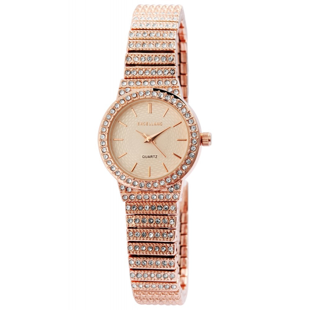 Relógio de pulso feminino Excellanc com pulseira de metal, cor de ouro rosa, com Quartzo Japonês PC21, mostrador prateado