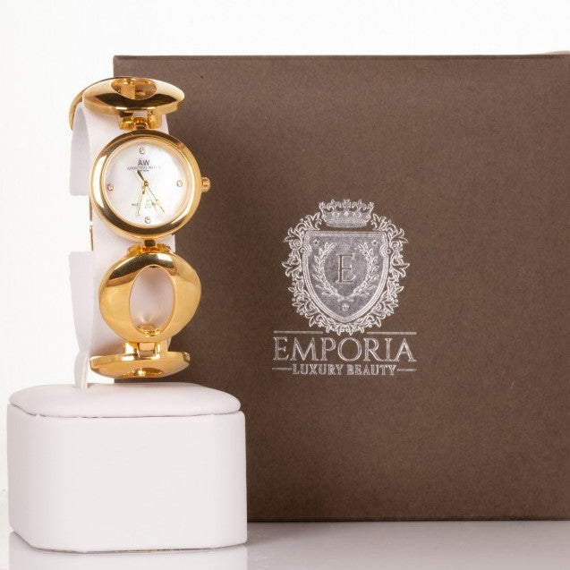 AW Relógio feminino Banhado a liga de Ouro Amarelo com pulseira de símbolo do Infinito e 4 cristais de quartzo