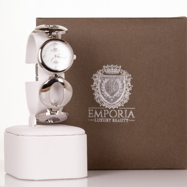 AW Relógio feminino Banhado a liga de Ouro Branco com pulseira de símbolo do Infinito e 4 cristais de quartzo