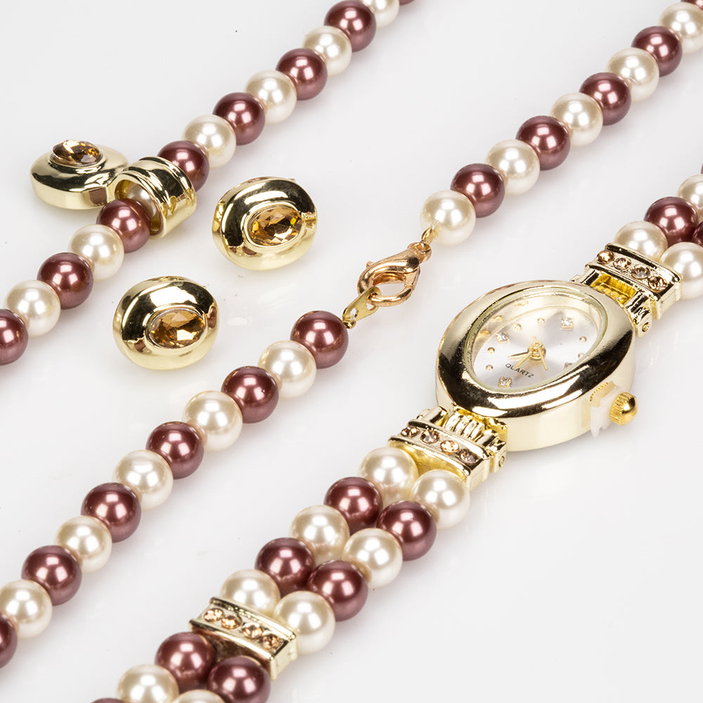 Conjunto de Liga de Ouro com Pérola Castanho ( Colar+Brincos+Pendente )