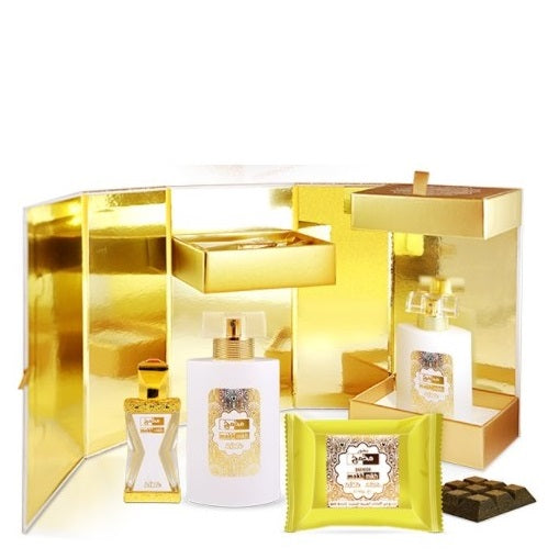 50 ml Eau de Parfum + 20 ml Óleo Perfumado + 40 g Bakhoor CONJUNTO DE OFERTA Makh Mikh - Fragrância Floral Oriental para Mulheres e Homens