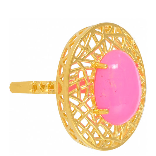 Anel de Prata com Banho de Ouro com Opala Rosa Néon da Etiópia Contraste: Cabeca de Veado (800)