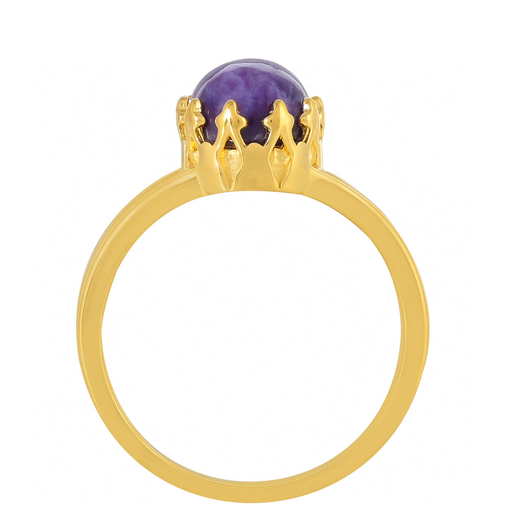 Anel de Prata com Banho de Ouro com Charoite Contraste: Cabeca de Veado (800)