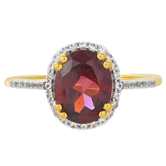 Anel de Prata com Banho de Ouro com Granada de Rhodolite e Topázio Branco