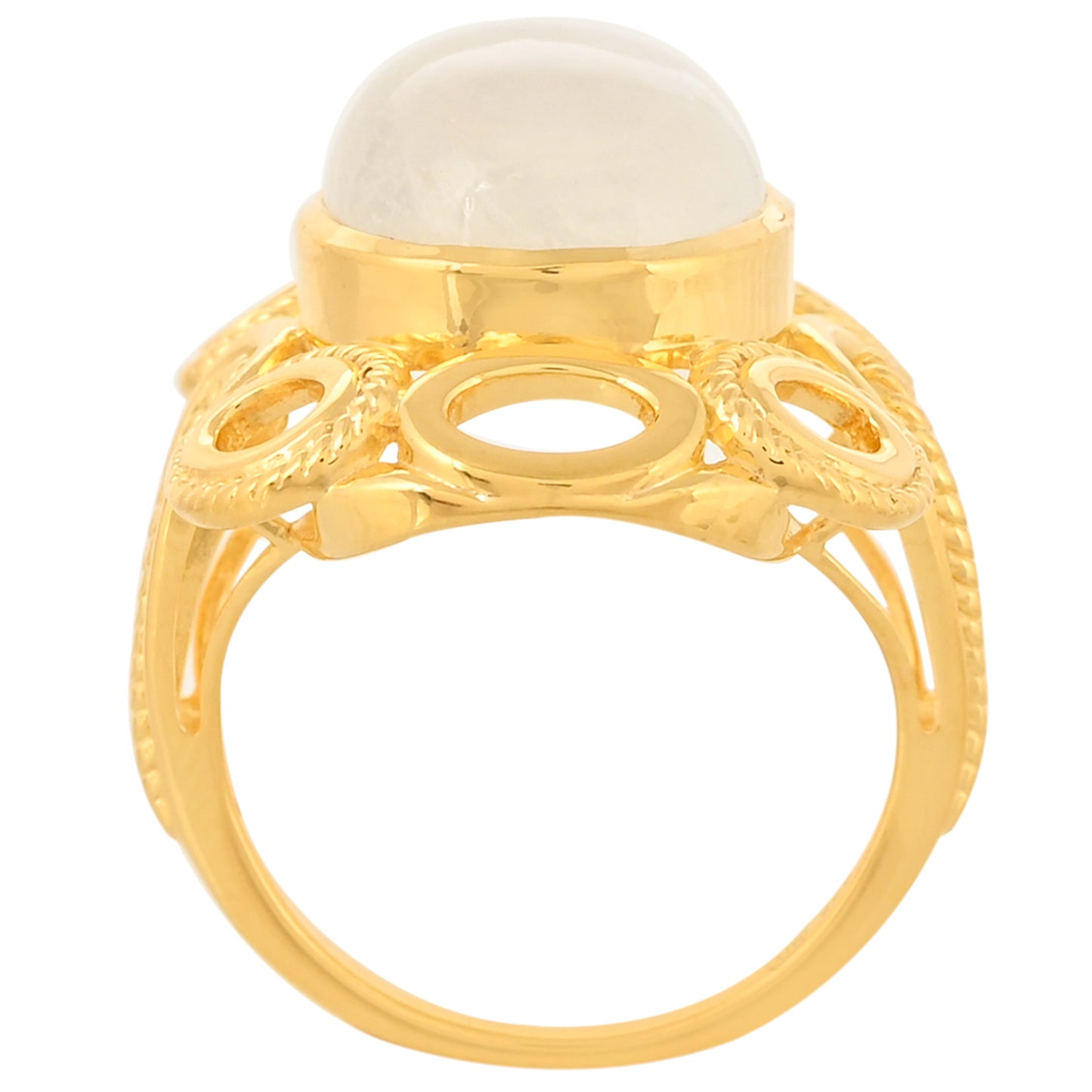 Anel de Prata com Banho de Ouro com Pedra da Lua Arco-íris Contraste: Cabeca de Veado (800)