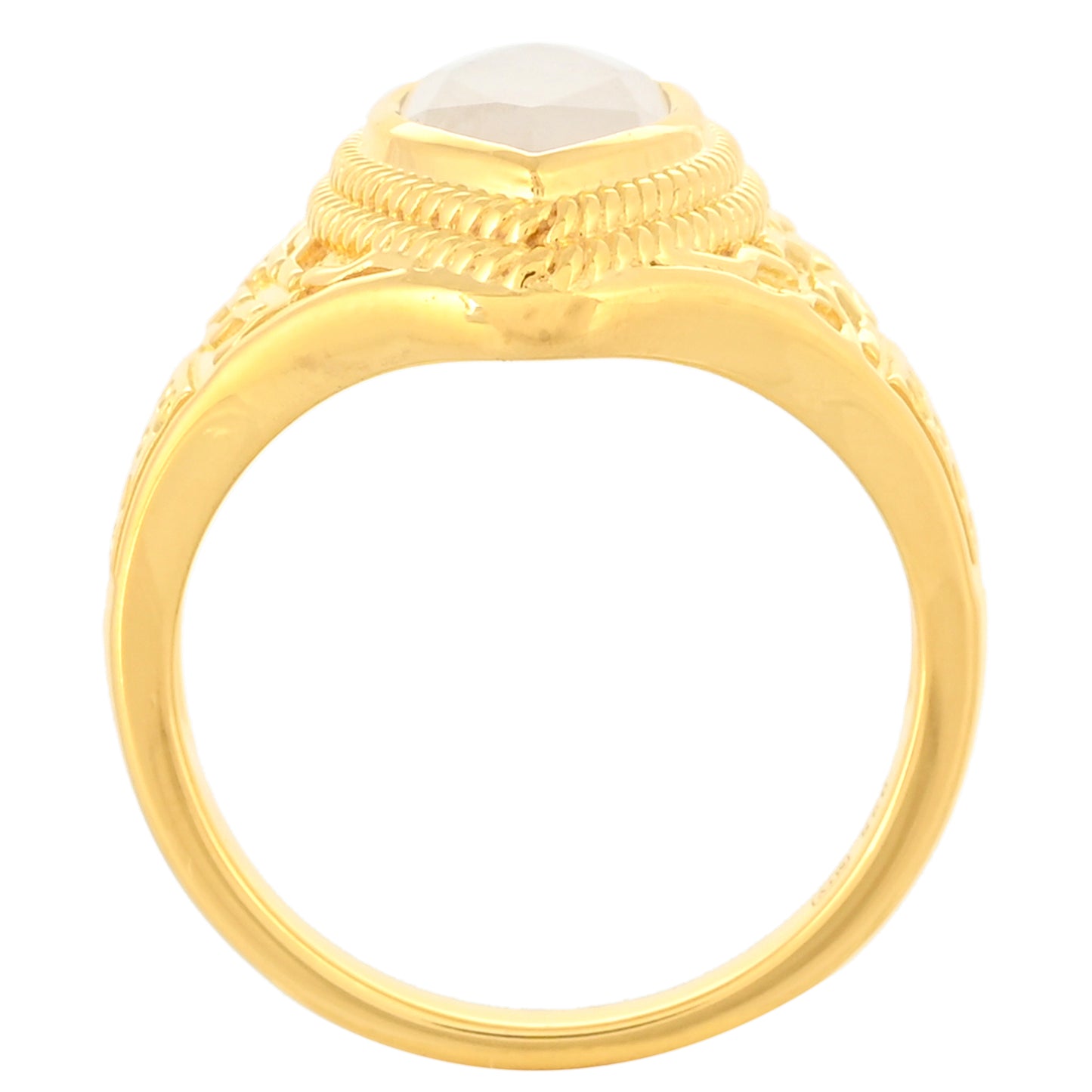 Anel de Prata com Banho de Ouro com Pedra da Lua Arco-íris Contraste: Cabeca de Veado (800)