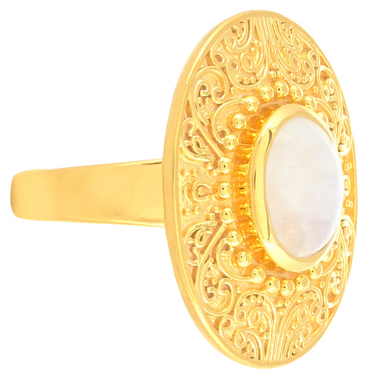 Anel de Prata com Banho de Ouro com Pedra da Lua Arco-íris Contraste: Cabeca de Veado (800)