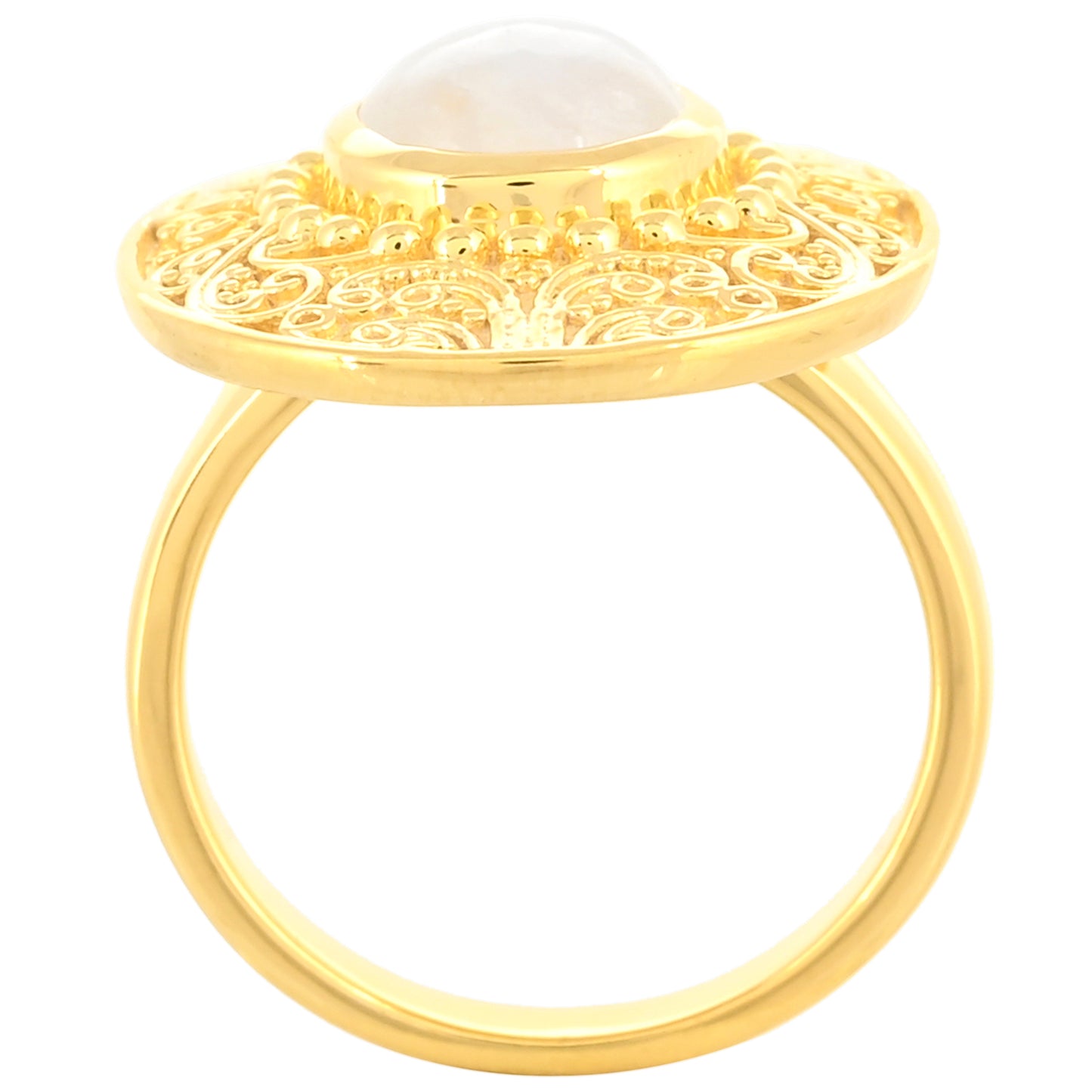 Anel de Prata com Banho de Ouro com Pedra da Lua Arco-íris Contraste: Cabeca de Veado (800)