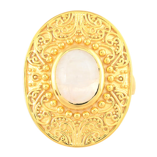 Anel de Prata com Banho de Ouro com Pedra da Lua Arco-íris Contraste: Cabeca de Veado (800)
