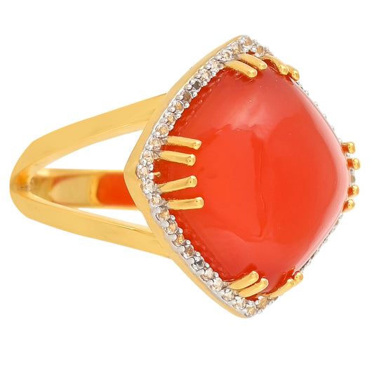 Anel de Prata com Banho de Ouro com Cornalina e Topázio Branco Contraste: Cabeca de Veado (800)