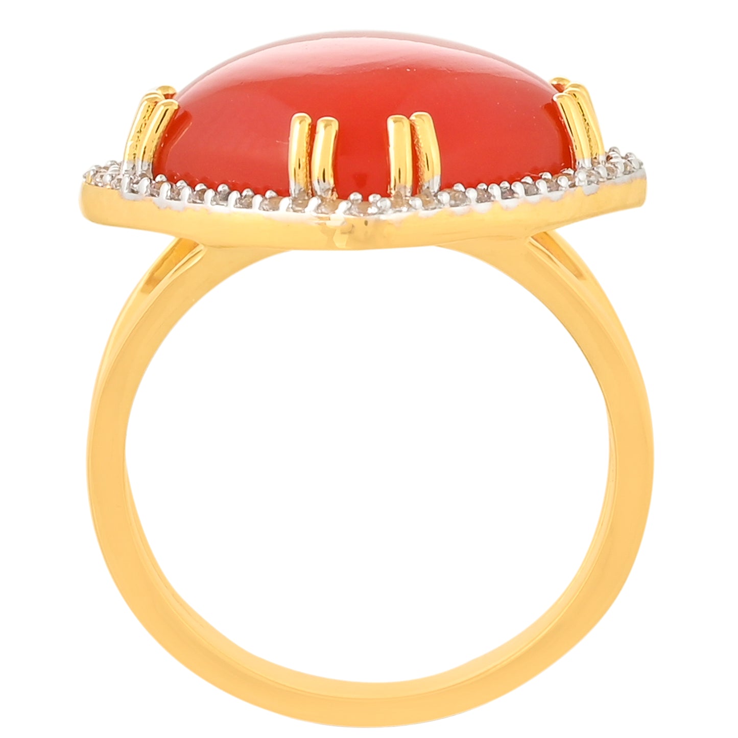 Anel de Prata com Banho de Ouro com Cornalina e Topázio Branco Contraste: Cabeca de Veado (800)