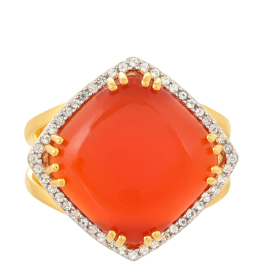 Anel de Prata com Banho de Ouro com Cornalina e Topázio Branco Contraste: Cabeca de Veado (800)