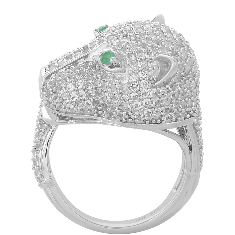 Anel de Prata com Esmeralda do Brasil e Topázio Branco Contraste: Cabeca de Veado (800)