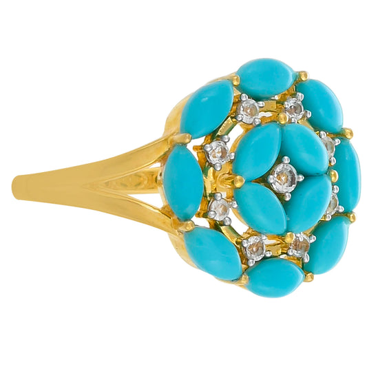 Anel de Prata com Banho de Ouro com Turquesa Bela Adormecida e Topázio Branco Contraste: Cabeca de Veado (800)