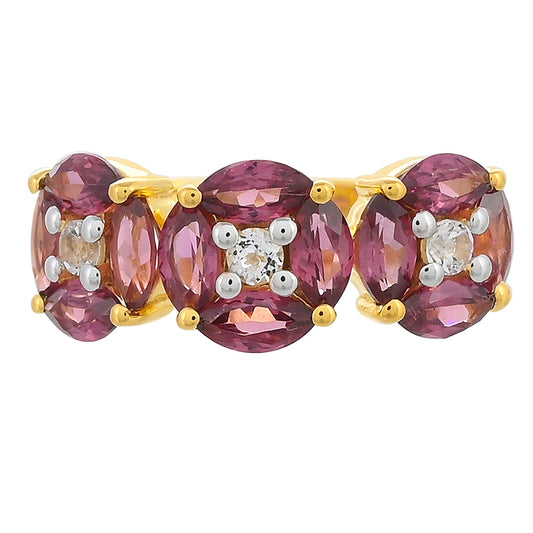 Anel de Prata com Banho de Ouro com Granada de Rhodolite e Topázio Branco