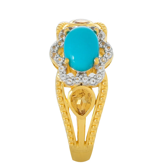 Anel de Prata com Banho de Ouro com Turquesa Bela Adormecida e Citrino Contraste: Cabeca de Veado (800)