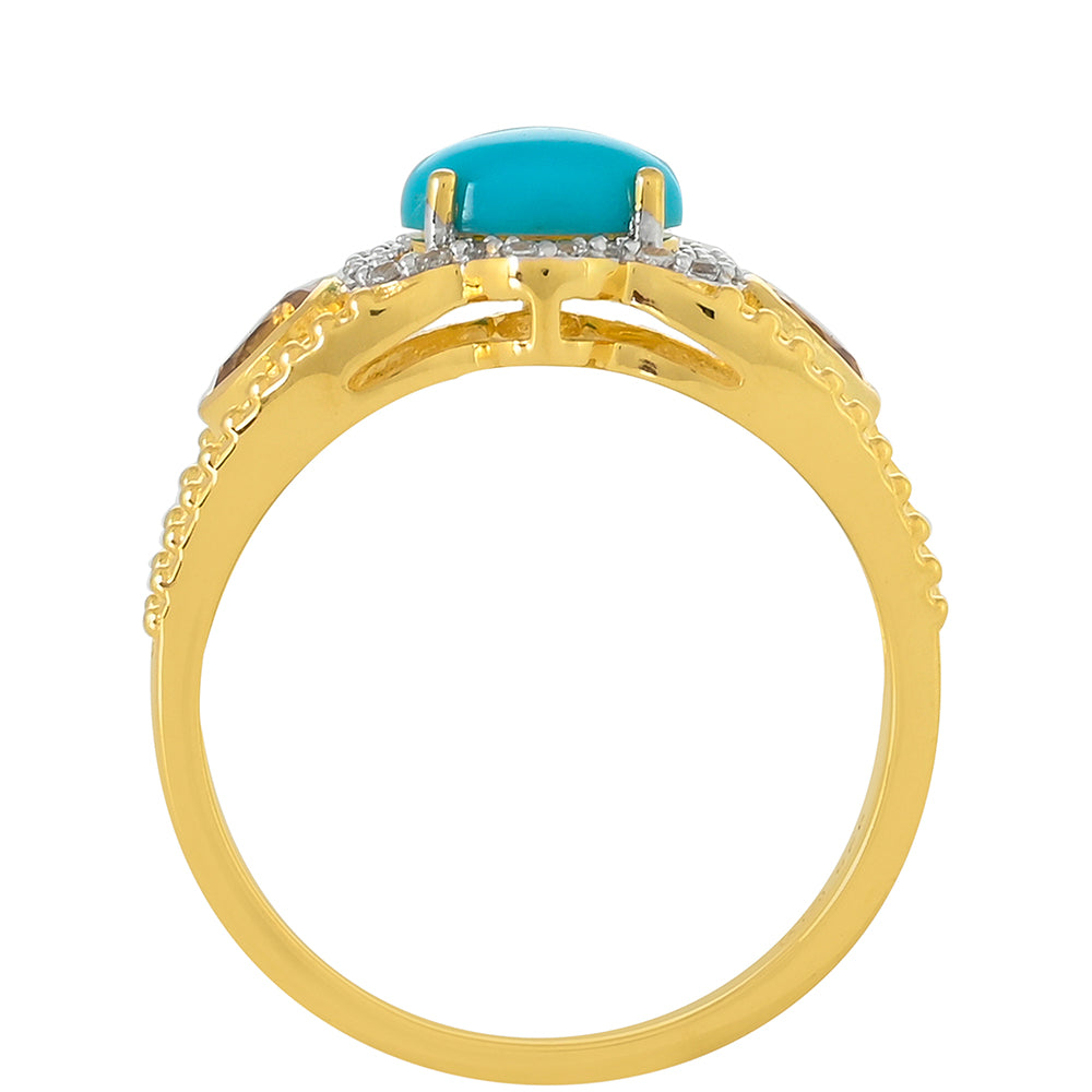 Anel de Prata com Banho de Ouro com Turquesa Bela Adormecida e Citrino Contraste: Cabeca de Veado (800)