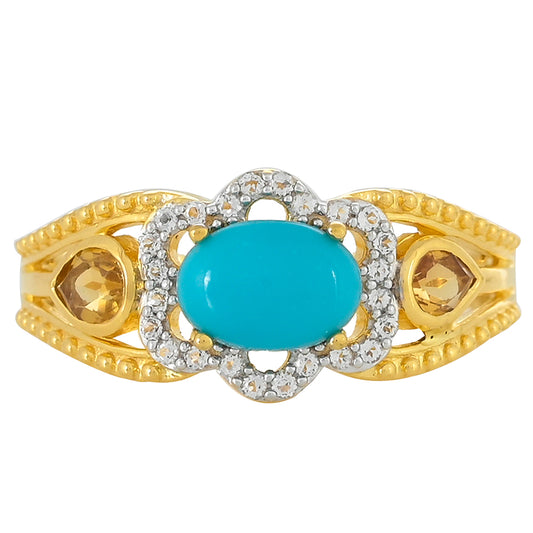 Anel de Prata com Banho de Ouro com Turquesa Bela Adormecida e Citrino Contraste: Cabeca de Veado (800)