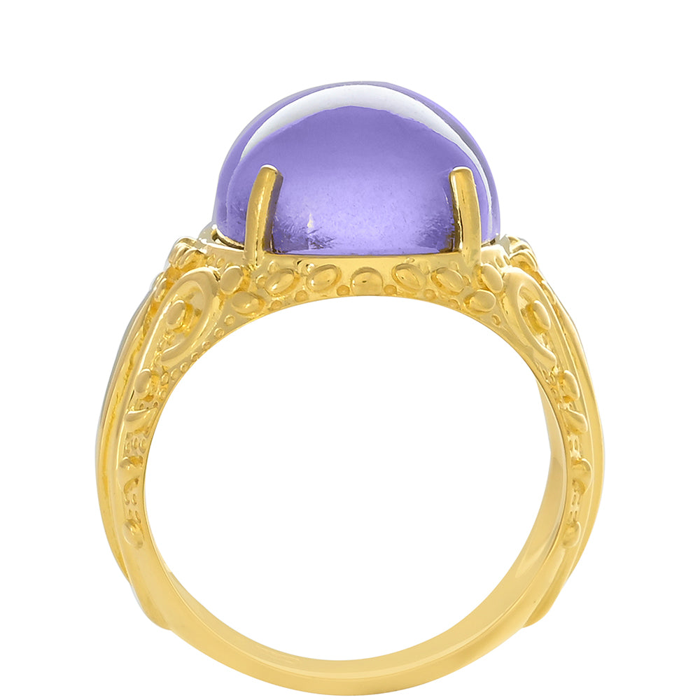 Anel de Prata com Banho de Ouro com Pedra da Lua Roxa Contraste: Cabeca de Veado (800)