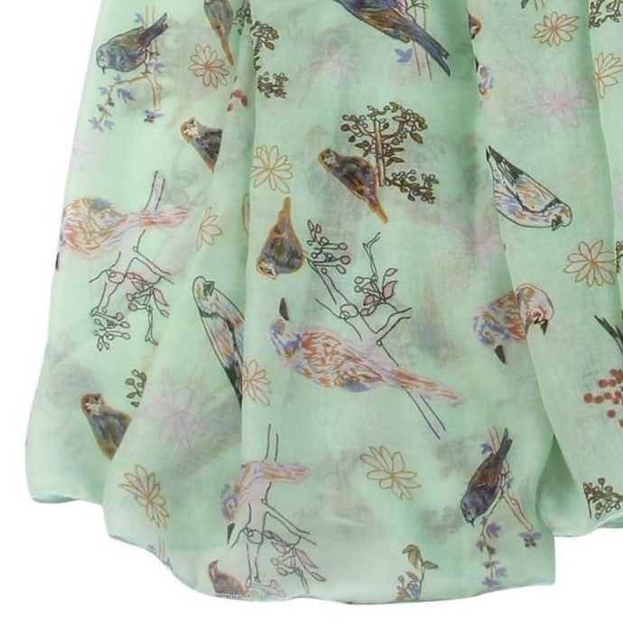 Xaile Verde Menta com Padrão de um Pardal e Flores, 90 cm x 180 cm