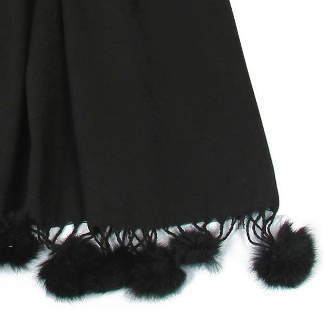 Xaile com Pom Pom de Pele Verdadeira, 60 cm x 170 cm, Preto