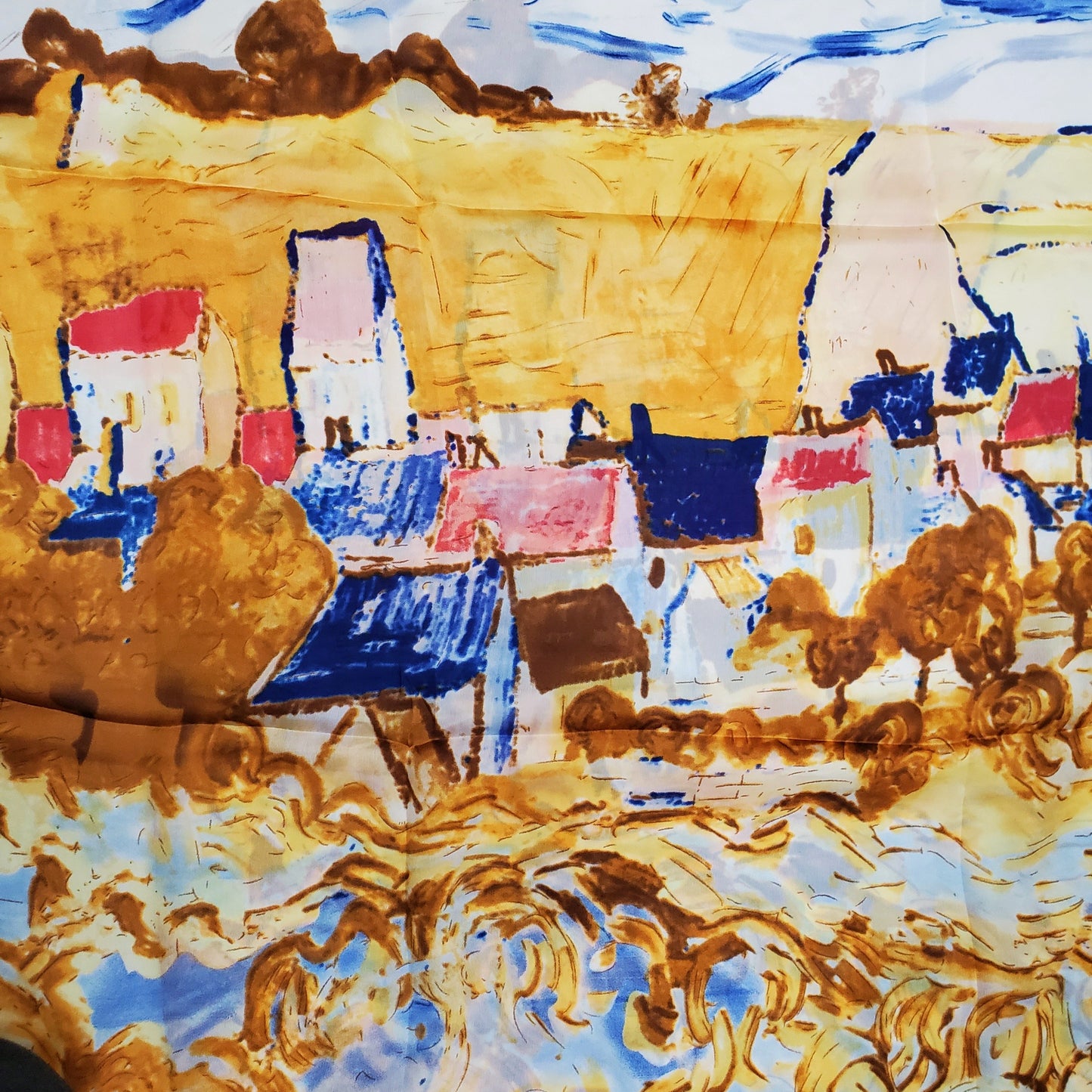 Xaile 100% Verdadeiro de Seda, 90 cm x 180 cm, Estilo Impressionismo Padrão de uma aldeia