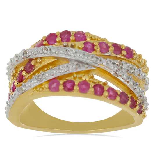 Anel de Prata com Banho de Ouro com Rubi de Madagáscar e Zircão Branco Natural Contraste: Cabeca de Veado (800)