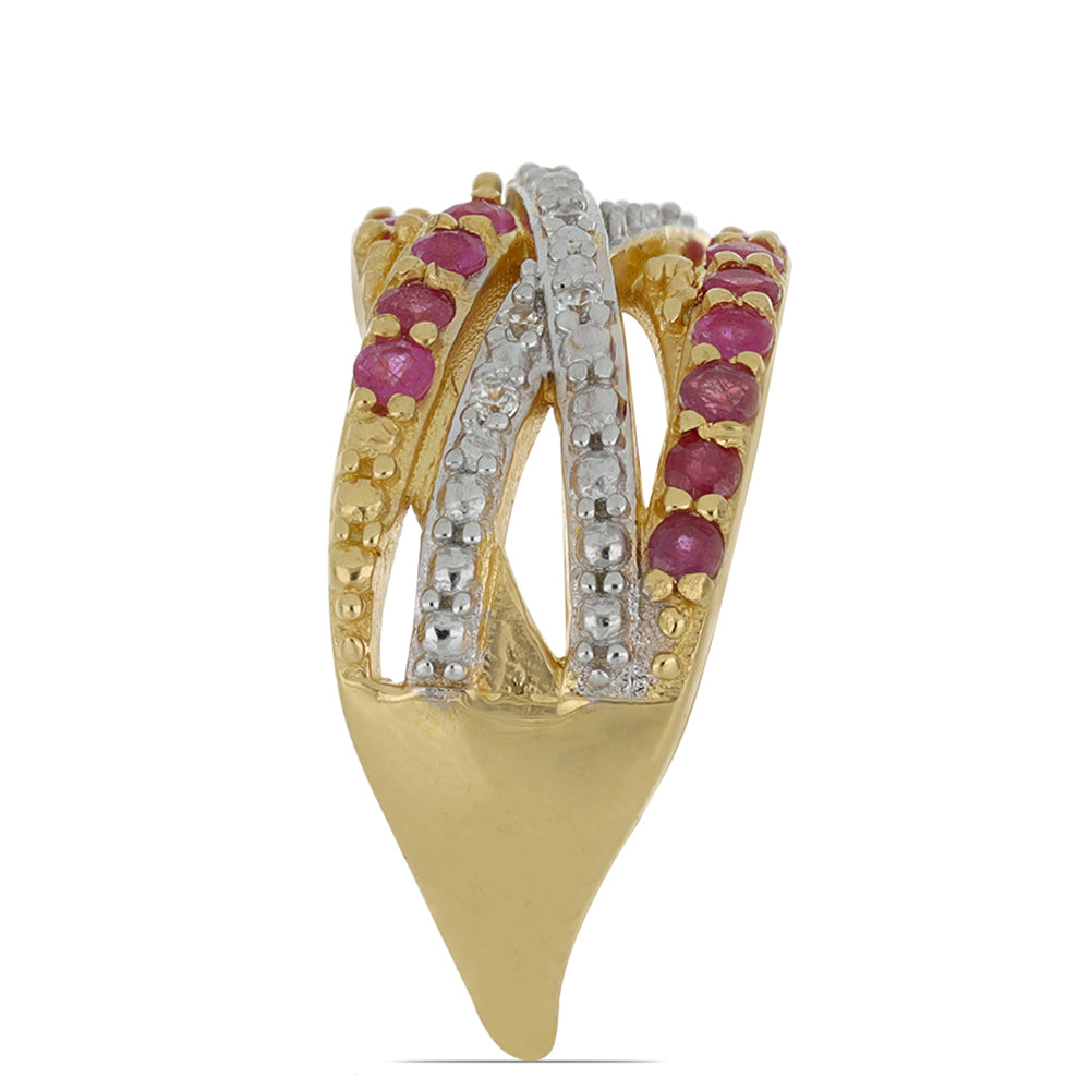 Anel de Prata com Banho de Ouro com Rubi de Madagáscar e Zircão Branco Natural Contraste: Cabeca de Veado (800)