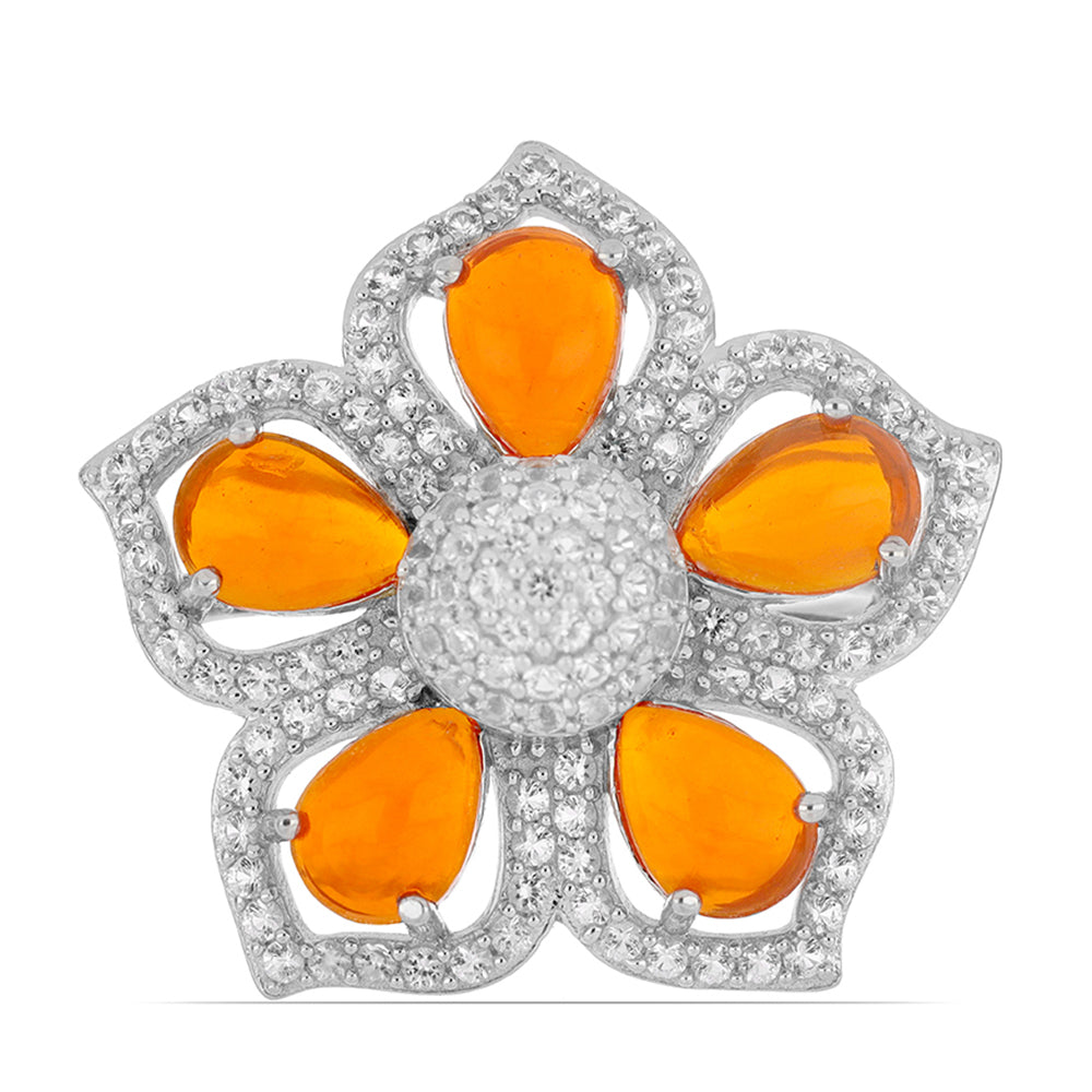 Anel de Prata com Opala Laranja de Lega Dembi e Topázio Branco Contraste: Cabeca de Veado (800)