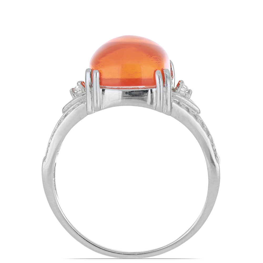 Anel de Prata com Opala Laranja de Lega Dembi e Topázio Branco Contraste: Cabeca de Veado (800)