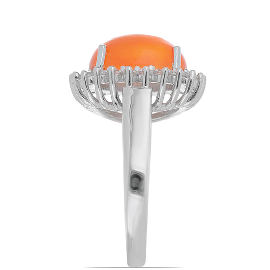 Anel de Prata com Opala Laranja de Lega Dembi e Topázio Branco Contraste: Cabeca de Veado (800)