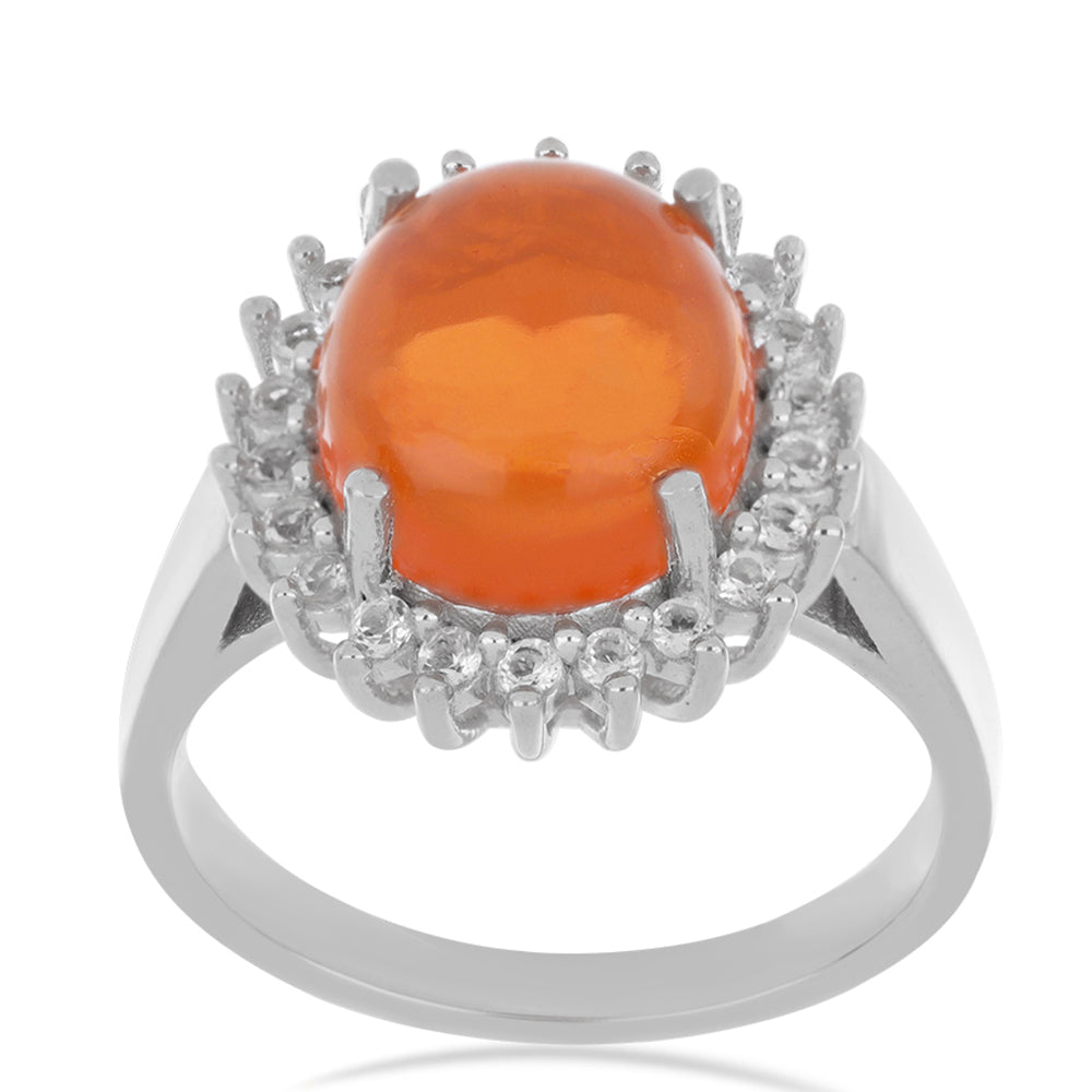 Anel de Prata com Opala Laranja de Lega Dembi e Topázio Branco Contraste: Cabeca de Veado (800)
