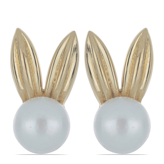 Brincos de Prata com Banho de Ouro com Pérola Branca de Água Doce