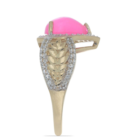 Anel de Prata com Banho de Ouro com Opala Rosa de Lega Dembi e Topázio Branco Contraste: Cabeca de Veado (800)