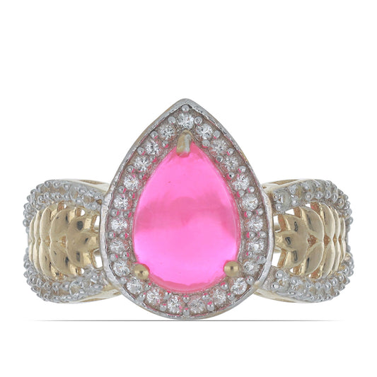 Anel de Prata com Banho de Ouro com Opala Rosa de Lega Dembi e Topázio Branco Contraste: Cabeca de Veado (800)