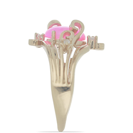 Anel de Prata com Banho de Ouro com Opala Rosa de Lega Dembi e Topázio Branco Contraste: Cabeca de Veado (800)