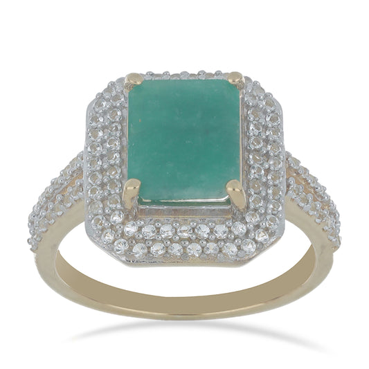 Anel de Prata com Banho de Ouro com Esmeralda do Brasil e Topázio Branco Contraste: Cabeca de Veado (800)