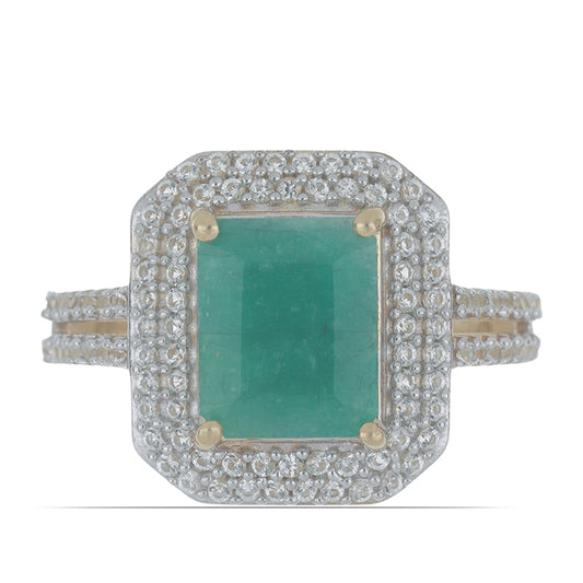 Anel de Prata com Banho de Ouro com Esmeralda do Brasil e Topázio Branco Contraste: Cabeca de Veado (800)