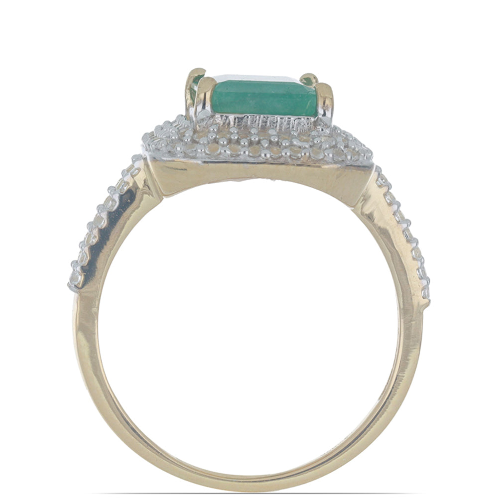 Anel de Prata com Banho de Ouro com Esmeralda do Brasil e Topázio Branco Contraste: Cabeca de Veado (800)