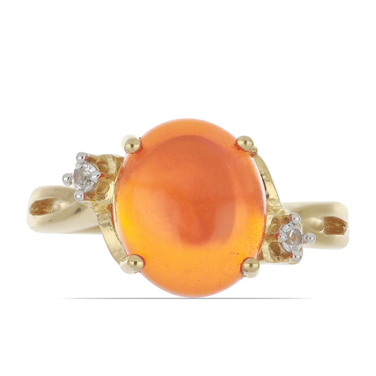 Anel de Prata com Banho de Ouro com Opala Laranja de Lega Dembi e Topázio Branco Contraste: Cabeca de Veado (800)