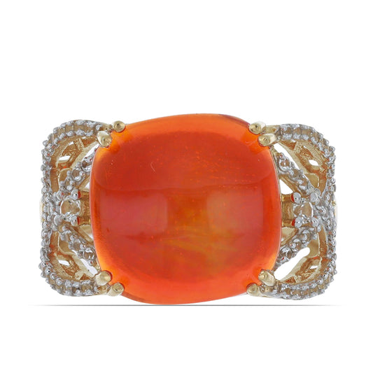 Anel de Prata com Banho de Ouro com Opala Laranja de Lega Dembi e Topázio Branco Contraste: Cabeca de Veado (800)