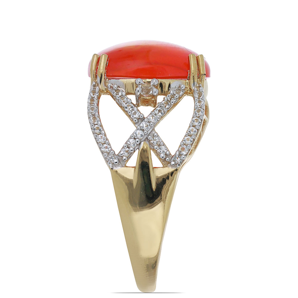 Anel de Prata com Banho de Ouro com Opala Laranja de Lega Dembi e Topázio Branco Contraste: Cabeca de Veado (800)