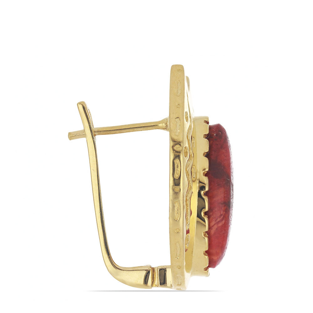 Brincos de Prata com Banho de Ouro com Coral Esponja Vermelha Contraste: Cabeca de Veado (800)