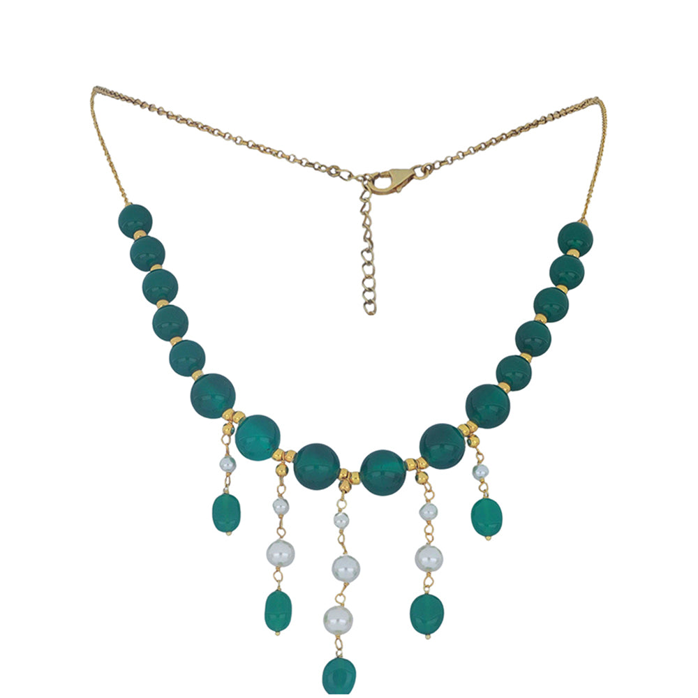 Colar de Prata com Banho de Ouro com Ágata Verde e Pérola Branca de Água Doce Contraste: Cabeca de Veado (800)
