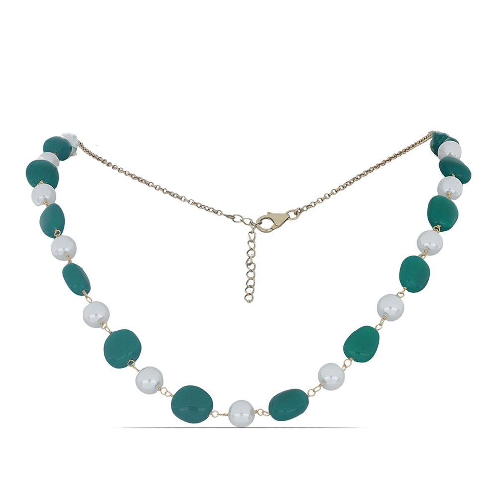 Colar de Prata com Banho de Ouro com Ágata Verde e Pérola Branca de Água Doce Contraste: Cabeca de Veado (800)