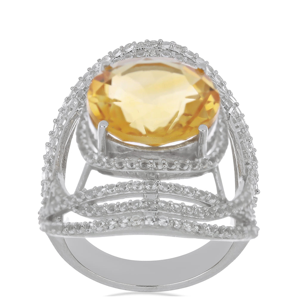 Anel de Prata com Citrino de Ural e Topázio Branco Contraste: Cabeca de Veado (800)