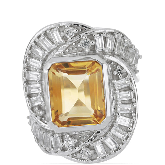 Anel de Prata com Citrino de Ural e Topázio Branco Contraste: Cabeca de Veado (800)