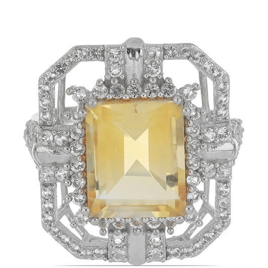 Anel de Prata com Citrino de Ural e Topázio Branco Contraste: Cabeca de Veado (800)